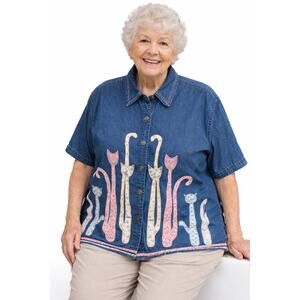 Denim Cat Lady Shirt 1X Black Brown Cats Made In India Vintage Dress Barn CatMom